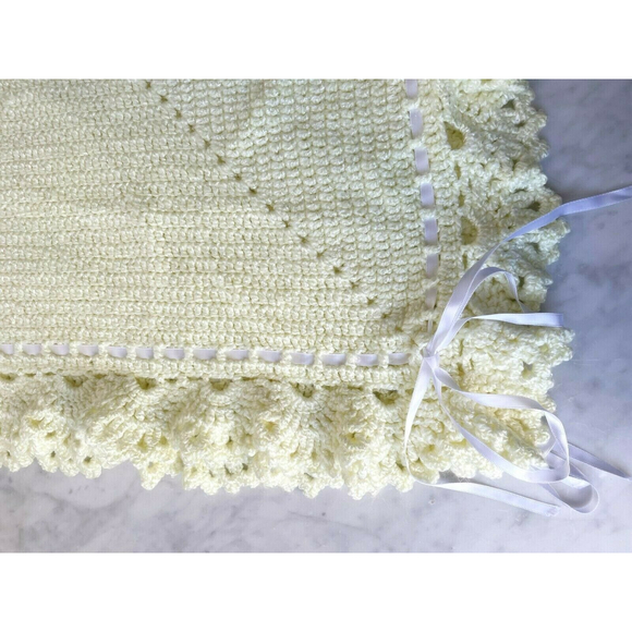 Baby Blanket Afghan Hand Knit Crocheted Soft Yellow with White Ribbon Homemade